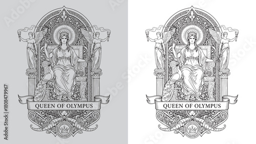 Queen of Olympus: Hera/Juno Goddess on Throne with Peacock and Torches