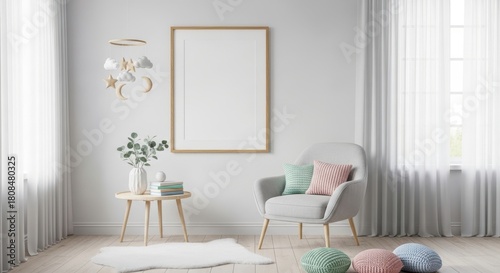 Fototapeta Naklejka Na Ścianę i Meble -  3d render frame in children room, Scandinavian style interior background