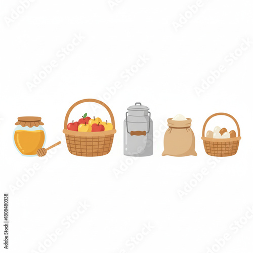 Organic farm food set with honey, apples in a basket, milk can, flour sack, and mushrooms