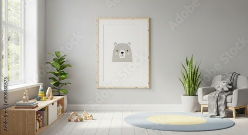 Fototapeta Naklejka Na Ścianę i Meble -  3d render frame in children room, Scandinavian style interior background