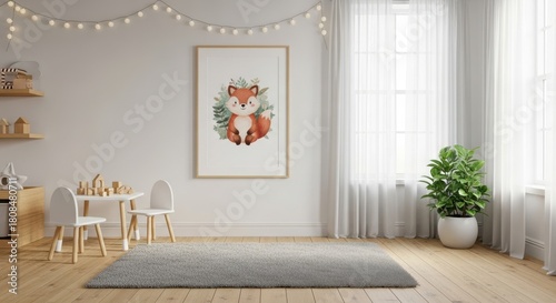 Fototapeta Naklejka Na Ścianę i Meble -  3d render frame in children room, Scandinavian style interior background