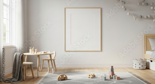 Fototapeta Naklejka Na Ścianę i Meble -  3d render frame in children room, Scandinavian style interior background