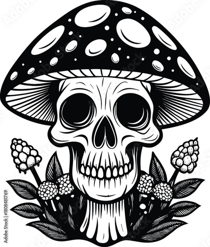 Vector cartoon illustration of a skull with wings and crossbones on a black background with autumn mushrooms, leaves, and forest grass, perfect for a tattoo symbol design
