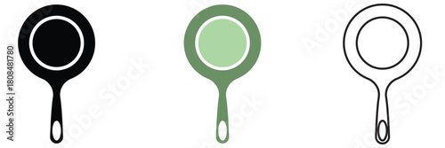 Frying Pan Icons for Kitchen and Cooking. Set of three frying pan icons in different styles, useful for kitchen graphics, cooking apps, recipes, and food-related design projects.

