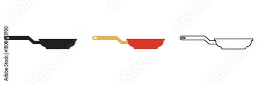 Frying Pan Icons for Kitchen and Cooking. Set of three frying pan icons in different styles, useful for kitchen graphics, cooking apps, recipes, and food-related design projects.

