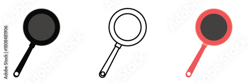 Frying Pan Icons for Kitchen and Cooking. Set of three frying pan icons in different styles, useful for kitchen graphics, cooking apps, recipes, and food-related design projects.


