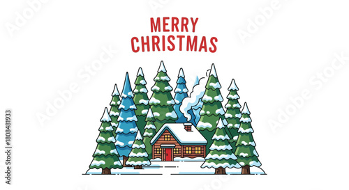 Merry christmas with cozy cabin among snow-covered pine trees