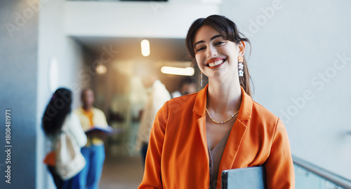 Photos Portrait, student or woman in college with tablet for fashion degree, academic growth or creativity