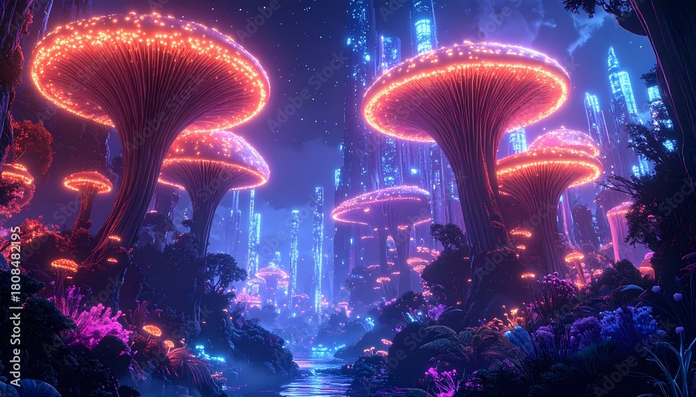 Naklejka premium Vibrant Fantasy Mushroom Forest with Glowing Neon Lights and Mystical Atmosphere.