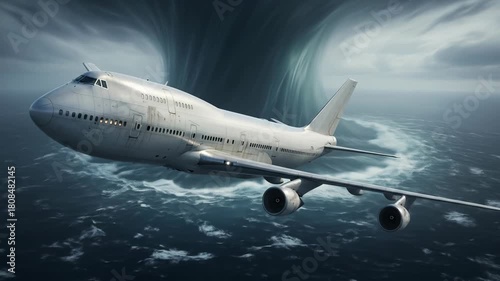 Wallpaper Mural A large commercial airplane flying through a stormy sky with turbulent clouds and a swirling weather pattern in the background Torontodigital.ca