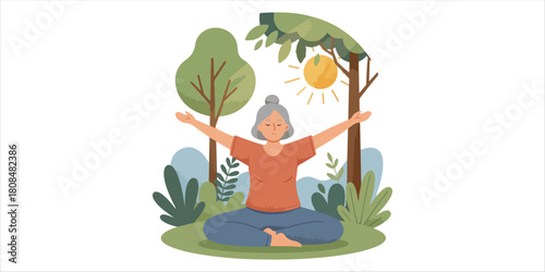 Asia adult aged people middle age mindful happy old woman open arm yoga deep calm stress relief outdoor nature public park sun light self love relax elder aging life asian female mental health care 
