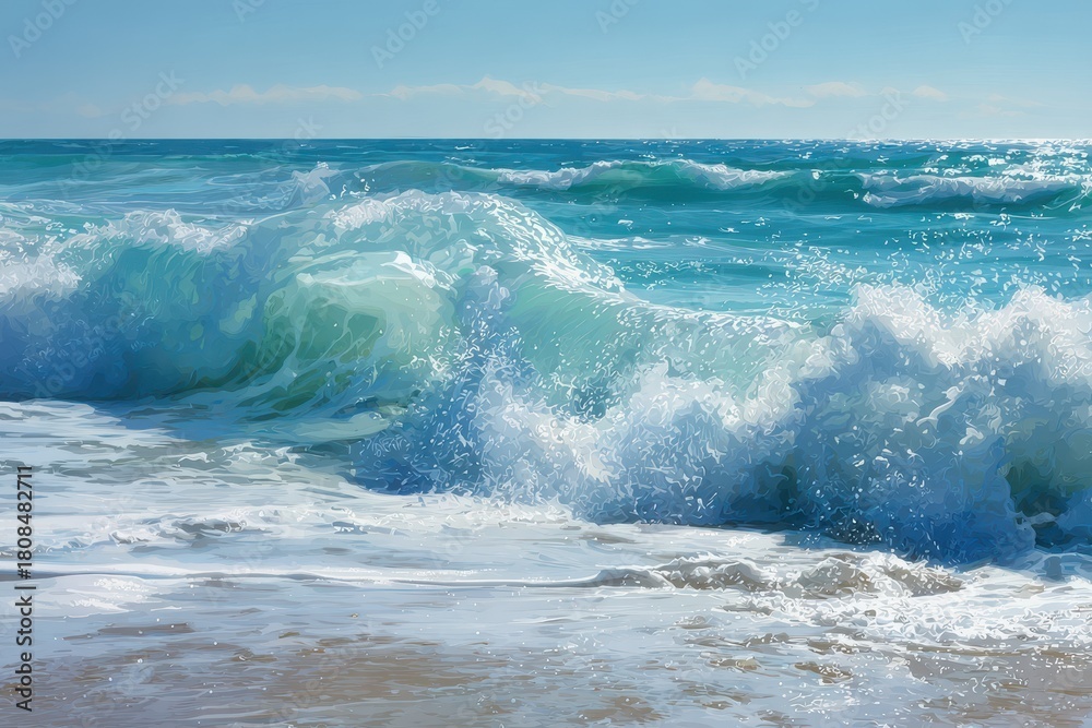 Fototapeta premium Crashing Waves on Sandy Beach - Turquoise Water and White Foam.