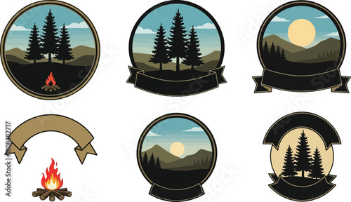 Vintage outdoor adventure emblems with pine trees, campfire, mountains and sunset scene