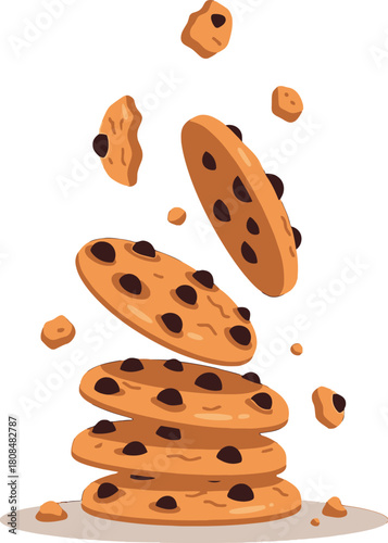 Delightful chocolate chip cookies levitating and stacked illustratively