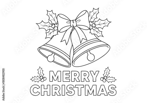 Festive jingle bells with Merry Christmas text, a printable line art coloring page for a holiday activity book, e.eps vector