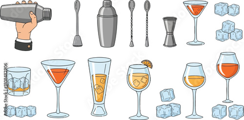 Professional cocktail making equipment and diverse glasses collection with ice cubes