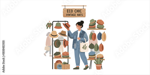 Young tourist Gen Z asia female choose look at zero waste eco go green buy second hand sale store flea market thrift old used vintage street hat style A bold yet minimalist composition with handcrafte
