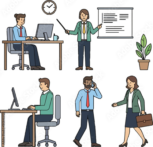 Diverse business professional activities, representing various workplace scenarios