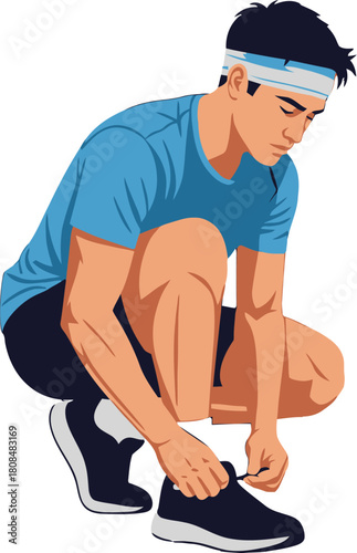 Focused male athlete tying shoelaces before training session readiness