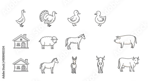 Farm animals line art icons vector illustration minimal design with black outlines