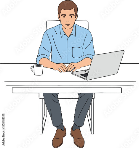 Illustration of a relaxed man at his desk with a laptop and coffee