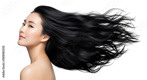 Gorgeous Asian woman with long luxurious black hair dramatically flowing showcasing incredible health shine and strength in a captivating studio portrait highlighting stunning dark tresses