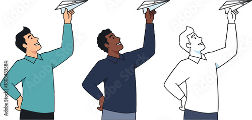 Three cartoon men joyfully launching paper airplanes into the sky