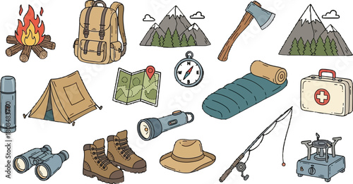 Essential camping gear and outdoor adventure equipment laid out attractively