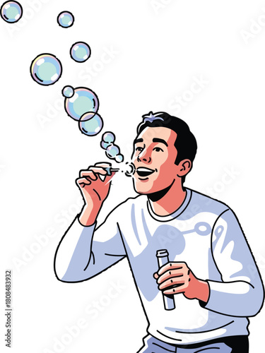Man blows soap bubbles from a stick with joy expression vector art