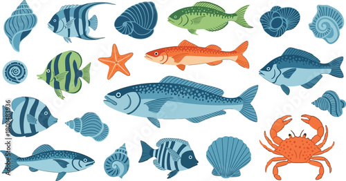 Whimsical Underwater Creatures: Colorful Collection of Fish, Shells and Starfish
