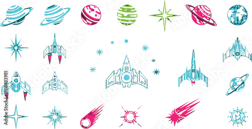 Imaginative stylized cosmic elements seamless pattern on a white background