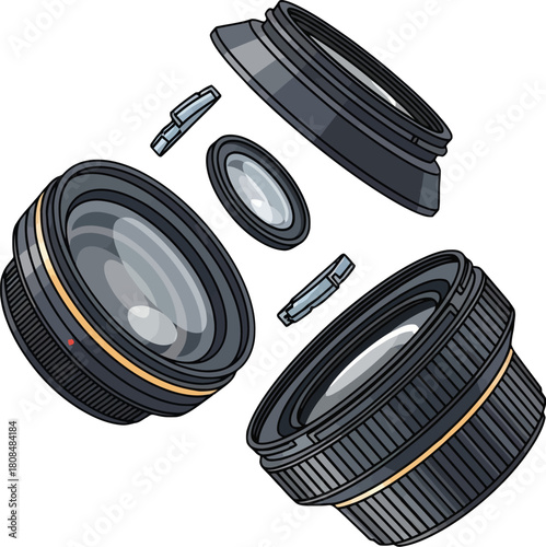 Exploded view of a photographic lens highlighting components and assembly