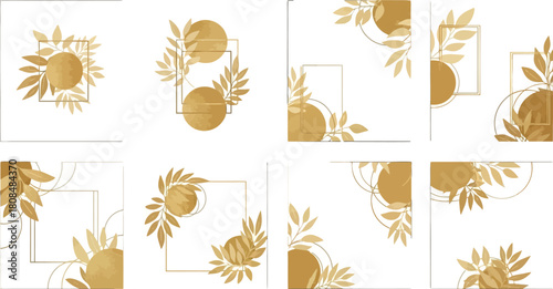 Golden foliage and geometric figures arrangements isolated for creative designing