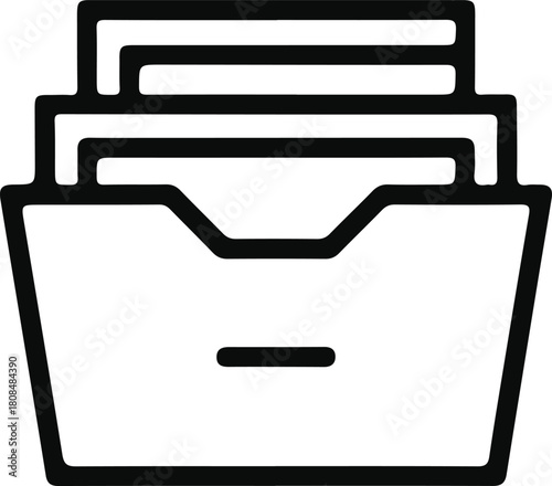 Document archive folder icon for file management, Clean line-art icon showing a folder filled with documents, useful for illustrating storage, archiving, organization, and digital file systems.

