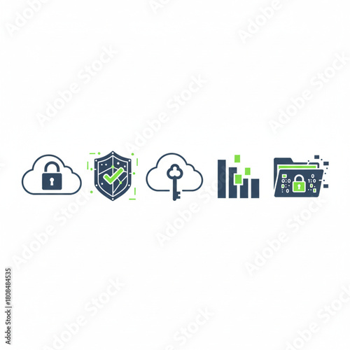 Set of flat vector icons representing cybersecurity and cloud data protection concepts