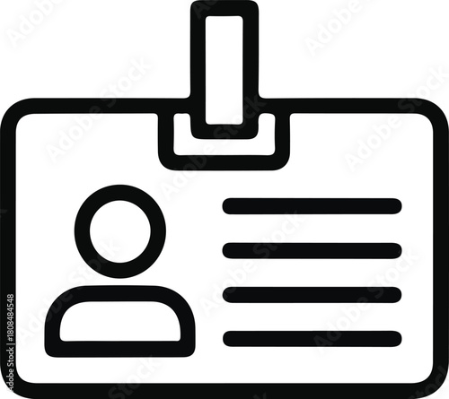 ID badge outline icon for identification use, Simple line icon of an identification badge with a profile symbol and text lines, ideal for access control, staff IDs, and UI design.


