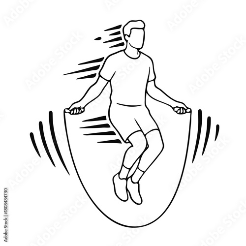 Black and white line art illustration of a man skipping rope. Dynamic vector drawing of an athlete performing cardio exercise and fitness training.