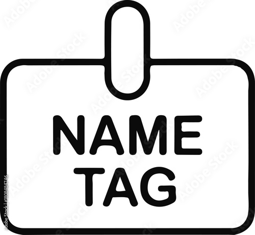 Simple name tag badge line icon graphic, Minimal black outline icon of a name tag badge, useful for identification, office events, conferences, or organizational design elements.

