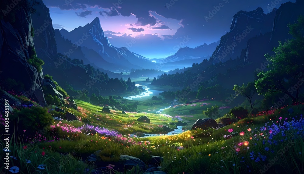 Fototapeta premium Enchanting Mountain Valley at Twilight with Glowing River and Wildflowers.