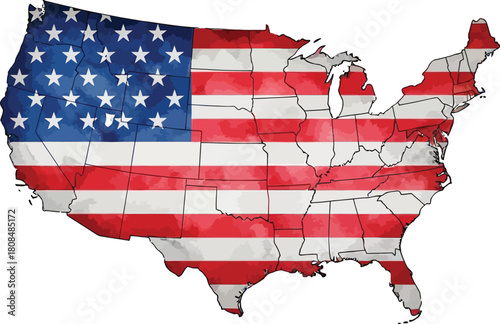 United States map flag in stylized watercolor design symbolizing patriotism