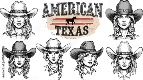 American Texas themed illustration with cowgirl portraits and horse silhouette