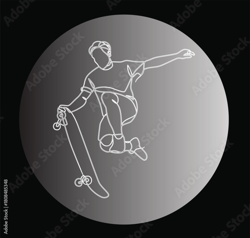 Skateboarder mid air outline illustration on gradient background for sport and recreation