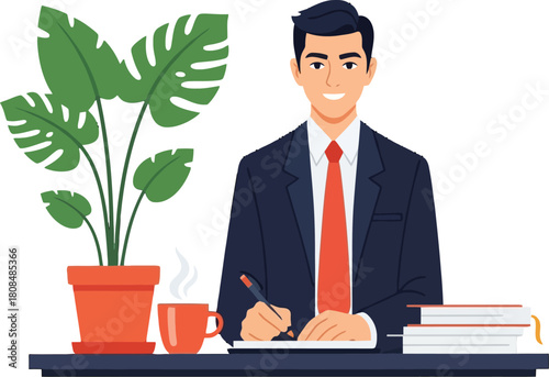Smiling businessman writing at desk with coffee, books and plant pot