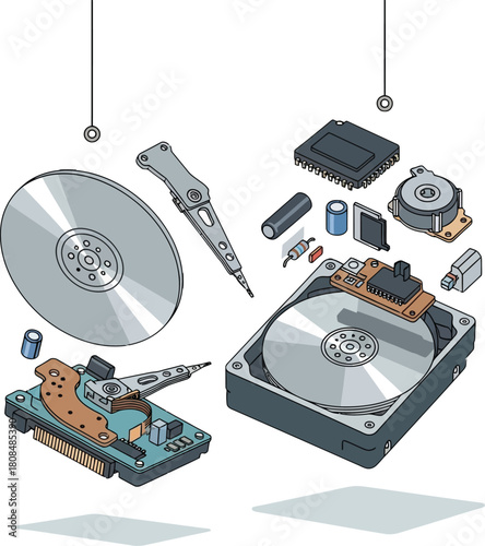 Detailed illustration of an exploded hard disk drive revealing components