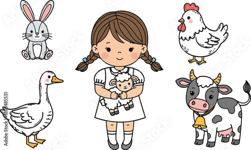 Charming Cartoon Farm Friends Illustration with Girl Holding a Lamb