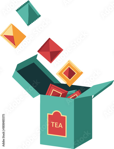 Illustrated tea box with colorful teabags falling inside on clear background