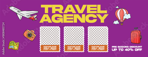 Retro and vintage styled vacation package promotion banner with travel sale offers, hotel resort booking, online ticket services, and travel agency social media cover horizontal template design