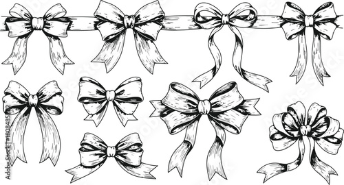 Eight hand drawn bows with ribbon details in a grunge style, suitable for decoration