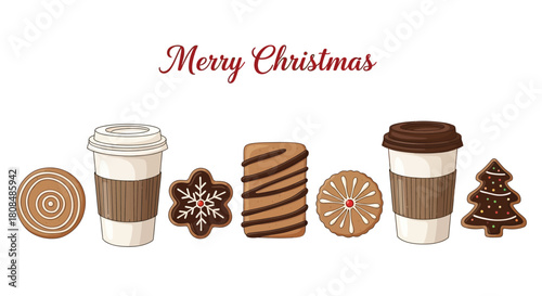 Merry christmas with coffee cups and gingerbread cookies