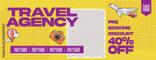 Retro vintage theme holiday tour advertisement banner with travel sale promos, hotel resort booking, vacation package offers, flight ticket services, and travelling agency business web banner template